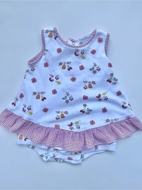 Kissy Kissy White Sleeveless Fruit Print Ruffle Romper with Red Gingham Trim